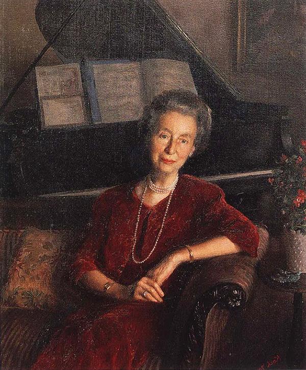 painting of woman on sofa in front of piano